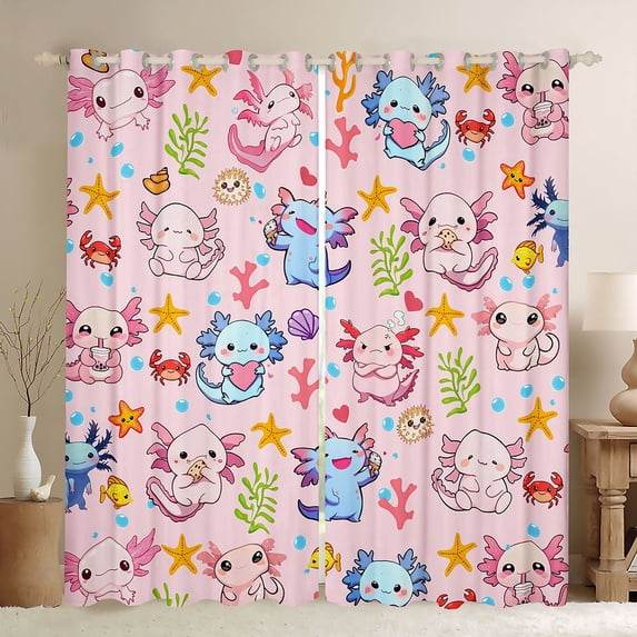 Castle Fairy Kids Boys Girls Cartoon Animal Salamander Blackout Curtains Set of 2 (52x84 Each),Kawaii Marine Axolotl Window Curtains,Ocean Sea Theme Curtains and Drapes,Microfiber Bedroom Decor
