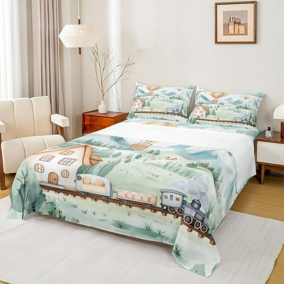 Castle Fairy Kids Boys Girls Cartoon Railway Train Twin Sheet Sets 3pcs,Steam Engine Twin Fitted Sheet Microfiber,Railroad Transportation Theme Breathable Flat Sheet,Luxury Bedroom Decor