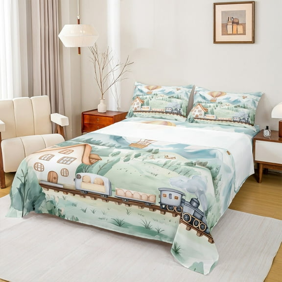Castle Fairy Kids Boys Girls Cartoon Railway Train Twin Sheet Sets 3pcs,Steam Engine Twin Fitted Sheet Microfiber,Railroad Transportation Theme Breathable Flat Sheet,Luxury Bedroom Decor