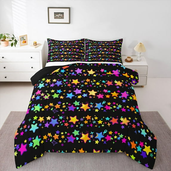 Castle Fairy Kids Boys Girls Kawaii Colorful Stars Print Full Size Comforter Sets 3-Piece,Cartoon Universe Galaxy Bedding Comforter Set,Cute Starry Sky Lightweight Bedding Sets