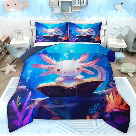 Castle Fairy Kids Boys Girls Kawaii Salamander Twin Comforter Sets,Blue Pink Bedding Set