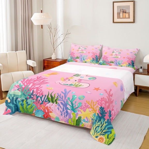 Castle Fairy Kids Boys Girls Letter Monogrammed E 4pcs Bed Sheets,Kawaii Ocean Salamander King Sheets,Marine Dreamy Princess Super Cozy Sheet Set,Ultra Soft Home Decor