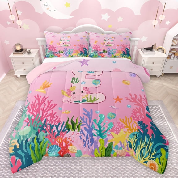 Castle Fairy Kids Boys Girls Letter Monogrammed E Bedding Comforter Set 2pcs,Kawaii Ocean Salamander Twin Comforter Sets Microfiber,Marine Dreamy Princess Breathable Bedding Set