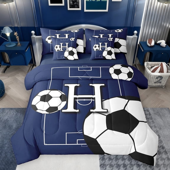 Castle Fairy Kids Boys Girls Letter Monogrammed H Bedding Comforter Set 7-Piece,Sport Gamer Soccer King Bedding Sets,Ball Game Football Ultra Soft Bed Sheets,Lightweight Room Decor,Reversible