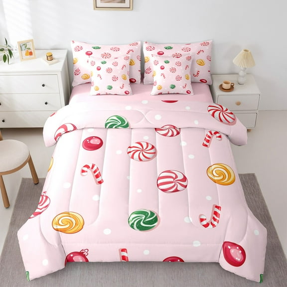 Castle Fairy Kids Candy Cane 7-Piece Bedding Comforter Set,Polka Dots King Bedding Sets,Festival Xmas Ultra Soft Bed Sheets,Microfiber Bedroom Decor