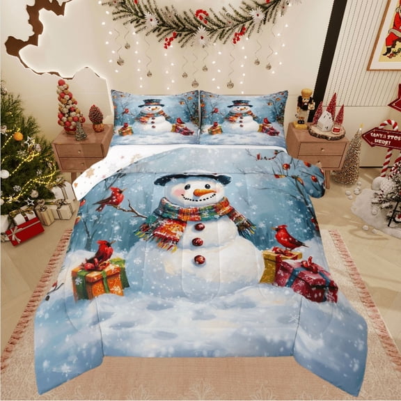 Castle Fairy Kids Cardinal Bird 3 Pieces Queen Comforter Set,Christmas Snowman Ultra Soft Bedding Sets,Festival Xmas Bedding Comforter Set,Microfiber Bedroom Decor