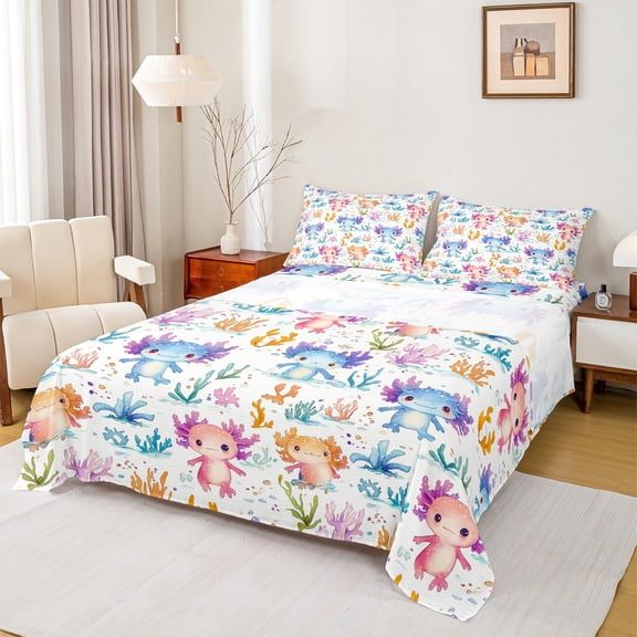 Castle Fairy Kids Cartoon Axolotl 4pcs Bed Sheets,Sea Salamander King Sheets,Kawaii Animal Super Cozy Sheet Set,Microfiber Bedroom Decor
