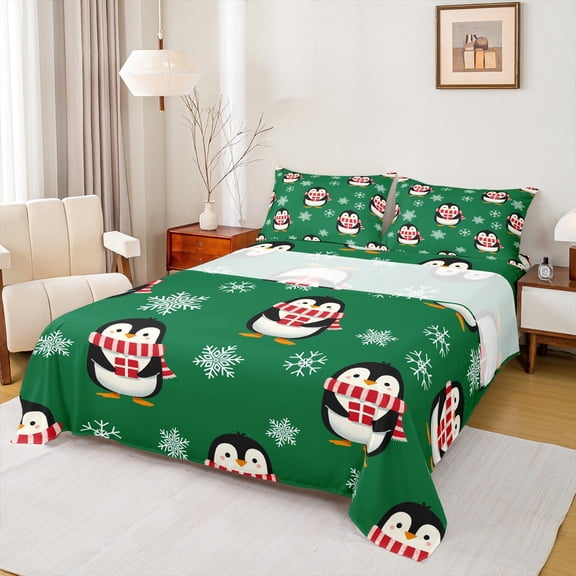 Castle Fairy Kids Cartoon Penguin 4pcs Bed Sheets,Winter Snowflakes King Sheets,Festival Xmas Super Cozy Sheet Set,Breathable Home Decor