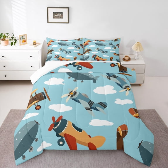 Castle Fairy Kids Cartoon Plane 2pcs Bedding Comforter Set,Transportation Theme Twin Comforter Sets,Kawaii Airplane Breathable Bedding Set,Lightweight Room Decor