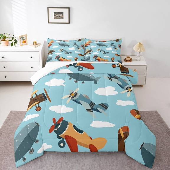 Castle Fairy Kids Cartoon Plane 3 Pieces Queen Comforter Set,Transportation Theme Ultra Soft Bedding Sets,Kawaii Airplane Bedding Comforter Set,Lightweight Room Decor