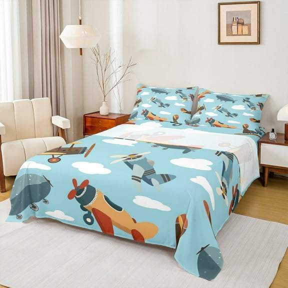 Castle Fairy Kids Cartoon Plane 4-Piece Full Size Sheets,Transportation Theme Bed Sheets,Kawaii Airplane Lightweight Sheet Sets,Lightweight Room Decor