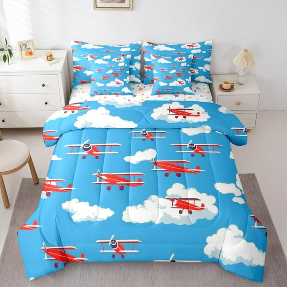 Castle Fairy Kids Cartoon Plane 7-Piece Twin Bedding Sets,Transportation Theme Bedding Comforter Set,Blue Red Breathable Sheet Sets,Lightweight Room Decor