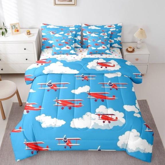 Castle Fairy Kids Cartoon Plane 7pcs Bedding Comforter Set,Transportation Theme Queen Bedding Sets Super Cozy,Blue Red Queen Sheet Sets,Lightweight Room Decor