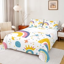 Castle Fairy Kids Cartoon Rainbow 3pcs Twin Sheet Sets,Polka Dots Twin Fitted Sheet,Kawaii Stars Breathable Flat Sheet,Microfiber Bedroom Decor