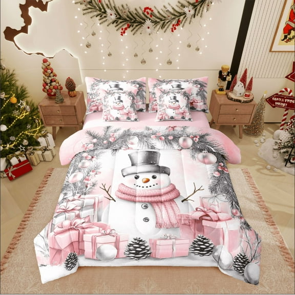 Castle Fairy Kids Cartoon Snowman 7-Piece Twin Bedding Sets,Merry Christmas Bedding Comforter Set,Xmas Gifts Breathable Sheet Sets,Luxury Bedroom Decor
