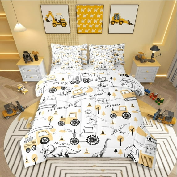 Castle Fairy Kids Cartoon Truck 7-Piece Twin Bedding Sets,Kawaii Dinosaur Bedding Comforter Set,Car Theme Breathable Sheet Sets,Ultra Soft Home Decor