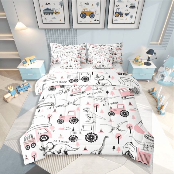 Castle Fairy Kids Cartoon Truck 7 Pieces Bedding Comforter Set,Kawaii Dinosaur Full Bedding Set Lightweight,Car Theme Fitted Sheet Flat Sheet,Ultra Soft Home Decor