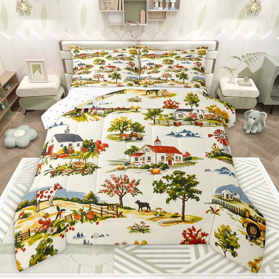 Castle Fairy Kids Child Animal Cow Twin Comforter Sets,Vintage Farm Cabin Bedding Set