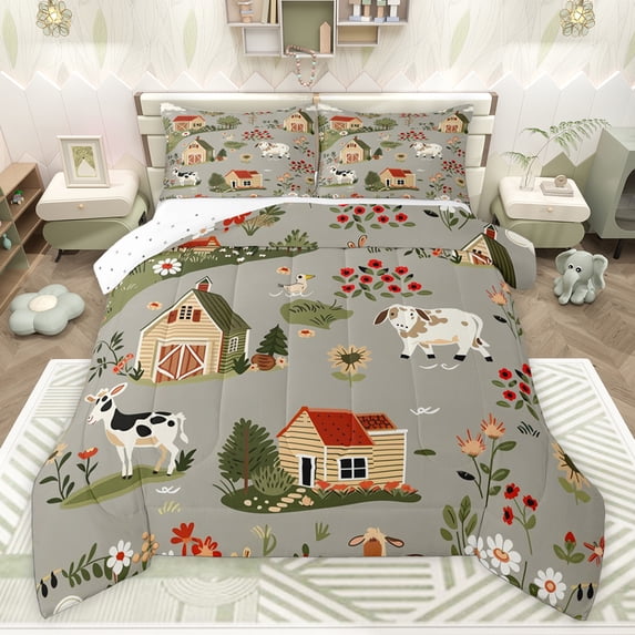 Castle Fairy Kids Child Animal Sheep Cow Twin Comforter Sets,Vintage Cottage Bedding Set