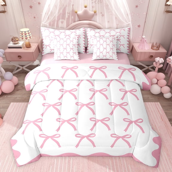 Castle Fairy Kids Child Girls Cartoon Bowknot Twin Bedding Sets 7-Piece,Dreamy Princess Bedding Comforter Set Microfiber,Kawaii Bow Knot Breathable Sheet Sets,Super Cozy Room Decor,Reversible