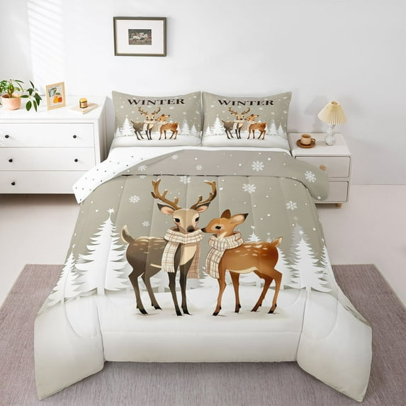 Castle Fairy Kids Children Cartoon Animal Deer Bedding Comforter Set 2pcs,Winter Snowflakes Twin Comforter Sets Microfiber,Happy Xmas Christmas Breathable Bedding Set,Super Cozy Room Decor