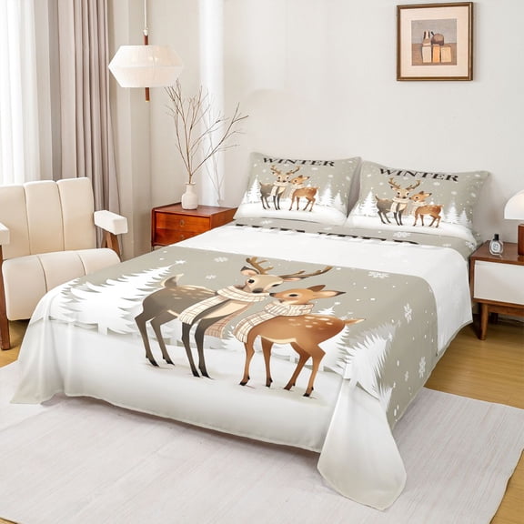 Castle Fairy Kids Children Cartoon Animal Deer Twin Sheet Sets 3pcs,Winter Snowflakes Twin Fitted Sheet Microfiber,Happy Xmas Christmas Breathable Flat Sheet,Super Cozy Room Decor