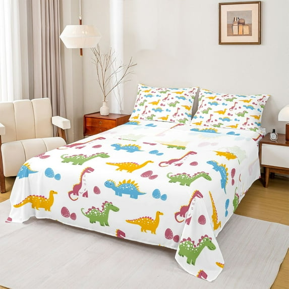 Castle Fairy Kids Children Cartoon Animal Dinosaur Full Size Sheets 4-Piece,Kawaii Jungle Wildlife Breathable Bed Sheets,Colorful Dino Lightweight Sheet Sets,Super Cozy Room Decor
