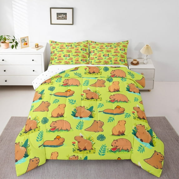 Castle Fairy Kids Children Cartoon Capybara Full Size Comforter Sets 3-Piece,Green Brown Bedding Comforter Set,Kawaii Animal Lightweight Bedding Sets,Luxury Bedroom Decor,Reversible