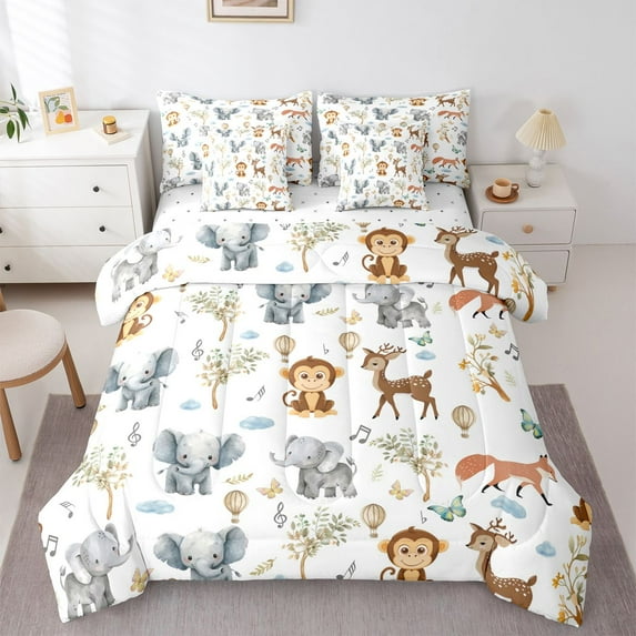 Castle Fairy Kids Children Cartoon Elephants Monkey Deer Fox Bedding Comforter Set 7 Pieces,Kawaii Jungle Animal Full Bedding Set Lightweight,Cute Wildlife Fitted Sheet Flat Sheet