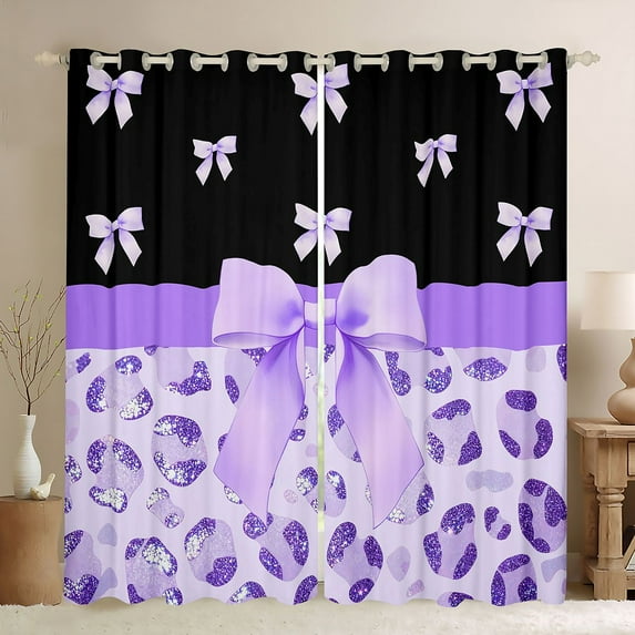 Castle Fairy Kids Children Cartoon Ribbon Bow-Tie Blackout Curtains Set of 2 (52x84 Each),Bling Purple Glitter Window Curtains,Animal Leopard Print Curtains and Drapes,Ultra Soft Home Decor