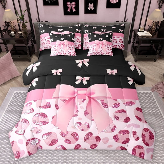 Castle Fairy Kids Children Cartoon Ribbon Bow-Tie Twin Bedding Sets 7-Piece,Bling Pink Glitter Bedding Comforter Set Microfiber,Animal Leopard Print Breathable Sheet Sets,Ultra Soft Home Decor
