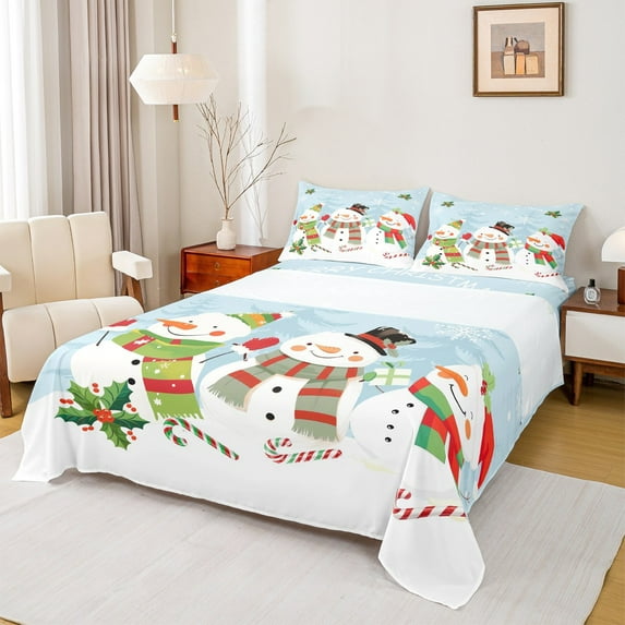 Castle Fairy Kids Children Cartoon Santa Claus Snowman Bear Full Size Sheets 4-Piece,Merry Christmas Breathable Bed Sheets,Xmas Winter Snowflake Lightweight Sheet Sets,Breathable Home Decor