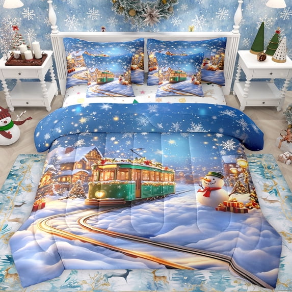 Castle Fairy Kids Children Cartoon Snowman Train Bedding Comforter Set 7-Piece,Merry Christmas King Bedding Sets,Winter Xmas Festival Ultra Soft Bed Sheets,Breathable Home Decor,Reversible