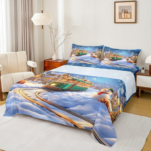 Castle Fairy Kids Children Cartoon Snowman Train Twin Sheet Sets 3pcs,Merry Christmas Twin Fitted Sheet Microfiber,Winter Xmas Festival Breathable Flat Sheet,Breathable Home Decor