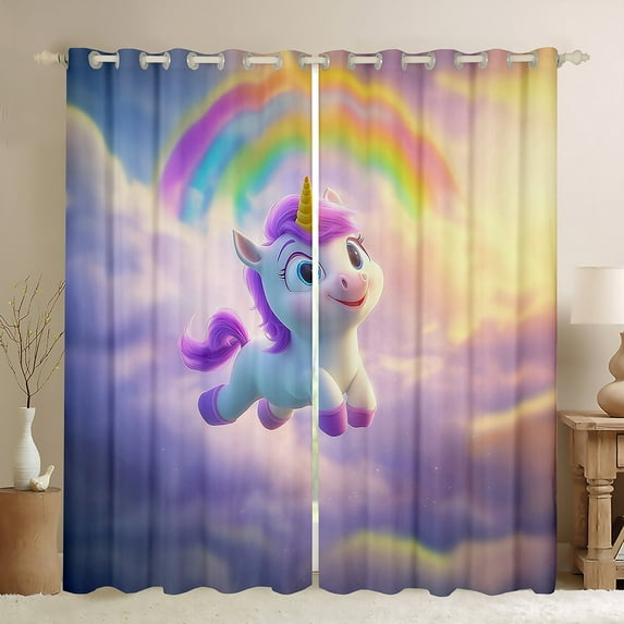 Castle Fairy Kids Children Cartoon Unicorn Curtains Pack of 2 (42x84 Each),Kawaii Gradient Rainbow Curtains Blackout,Dreamy Princess Bedroom Curtains,Microfiber Bedroom Decor