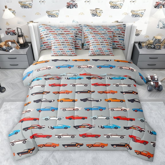 Castle Fairy Kids Children Colorful Car Bedding Comforter Set 7-Piece,Transportation Theme King Bedding Sets,Cartoon Truck Ultra Soft Bed Sheets,Microfiber Bedroom Decor,Reversible