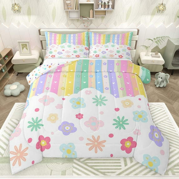 Castle Fairy Kids Children Colorful Groovy Flowers 3 Pieces Queen Comforter Set,Cartoon Geometric Stripes Ultra Soft Bedding Sets,Pink Polka Dots Bedding Comforter Set Breathable