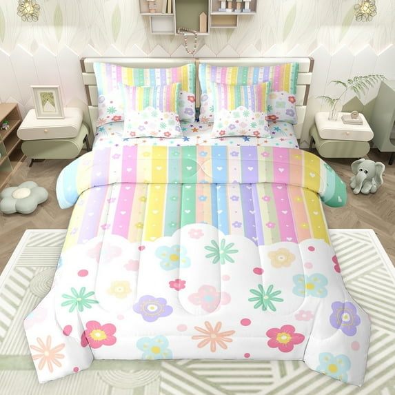 Castle Fairy Kids Children Colorful Groovy Flowers Twin Bedding Sets 7-Piece,Cartoon Geometric Stripes Bedding Comforter Set Microfiber,Pink Polka Dots Breathable Sheet Sets,Ultra Soft Home Decor