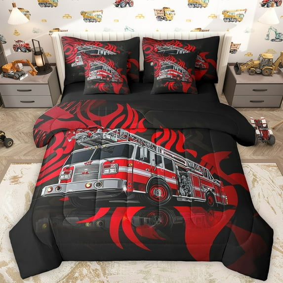 Castle Fairy Kids Children Fire Truck Bedding Comforter Set 7pcs,Firefighter Car Queen Bedding Sets Super Cozy,Car Theme Queen Sheet Sets,Luxury Bedroom Decor,Reversible