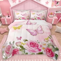 Castle Fairy Kids Children Flying Floral Butterflies Bedding Comforter Set 2pcs,Bling Golden Glitter Twin Comforter Sets Microfiber,Spring Garden Breathable Bedding Set,Luxury Bedroom Decor