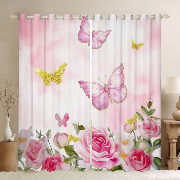 Castle Fairy Kids Children Flying Floral Butterflies Curtains Pack of 2 (42x84 Each),Bling Golden Glitter Curtains Blackout,Spring Garden Bedroom Curtains,Luxury Bedroom Decor