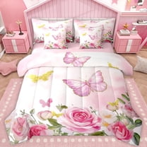 Castle Fairy Kids Children Flying Floral Butterflies Twin Bedding Sets 7-Piece,Bling Golden Glitter Bedding Comforter Set Microfiber,Spring Garden Breathable Sheet Sets,Luxury Bedroom Decor