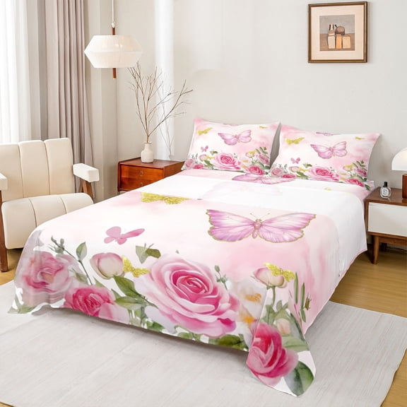 Castle Fairy Kids Children Flying Floral Butterflies Twin Sheet Sets 3pcs,Bling Golden Glitter Twin Fitted Sheet Microfiber,Spring Garden Breathable Flat Sheet,Luxury Bedroom Decor