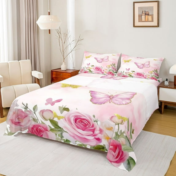 Castle Fairy Kids Children Flying Floral Butterflies Twin Sheet Sets 3pcs,Bling Golden Glitter Twin Fitted Sheet Microfiber,Spring Garden Breathable Flat Sheet,Luxury Bedroom Decor