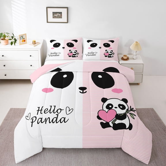 Castle Fairy Kids Children Kawaii Animal Panda 3 Pieces Queen Comforter Set,Geometric Stripes Ultra Soft Bedding Sets,Love Heart Print Bedding Comforter Set Breathable,Microfiber Bedroom Decor