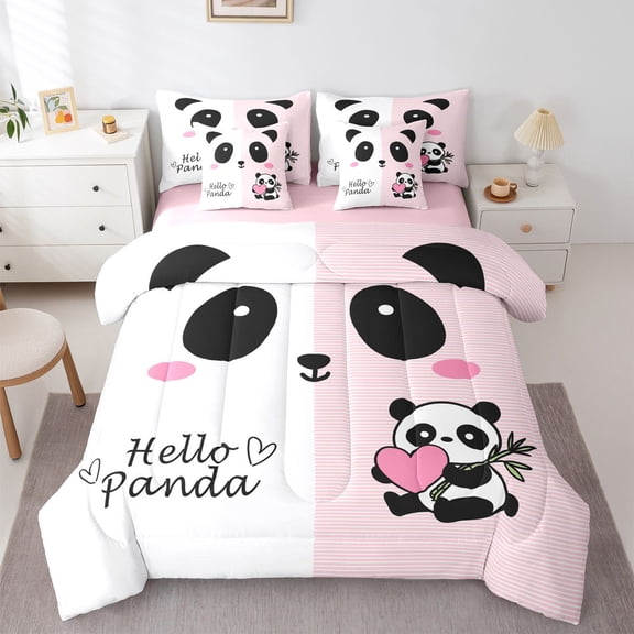 Castle Fairy Kids Children Kawaii Animal Panda Bedding Comforter Set 7-Piece,Geometric Stripes King Bedding Sets,Love Heart Print Ultra Soft Bed Sheets,Microfiber Bedroom Decor,Reversible