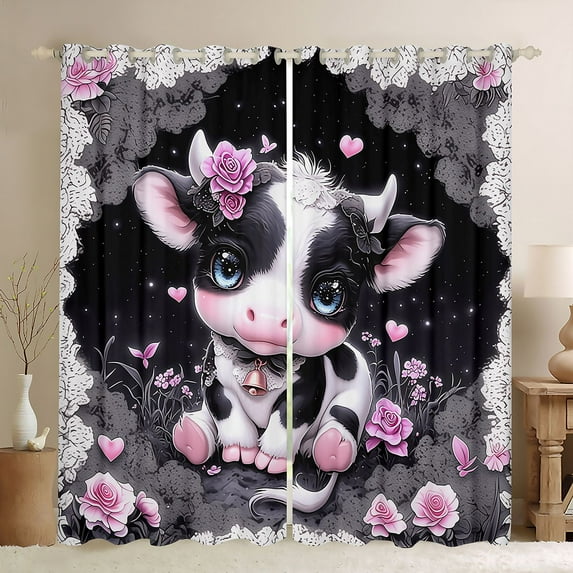Castle Fairy Kids Children Kawaii Cow Blackout Curtains Set of 2 (52x84 Each),Cute Farmhouse Animal Window Curtains,Chic Flowers Rose Curtains and Drapes,Super Cozy Room Decor