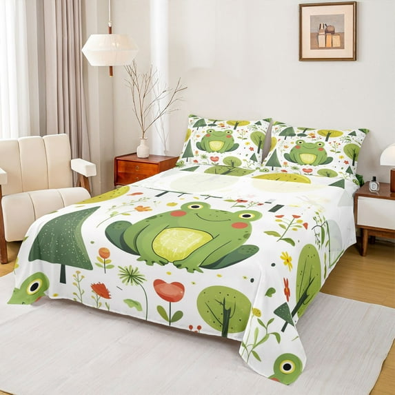 Castle Fairy Kids Children Kawaii Flower Frog Full Size Sheets 4-Piece,Green Red Breathable Bed Sheets,Cartoon Animal Lightweight Sheet Sets,Breathable Home Decor