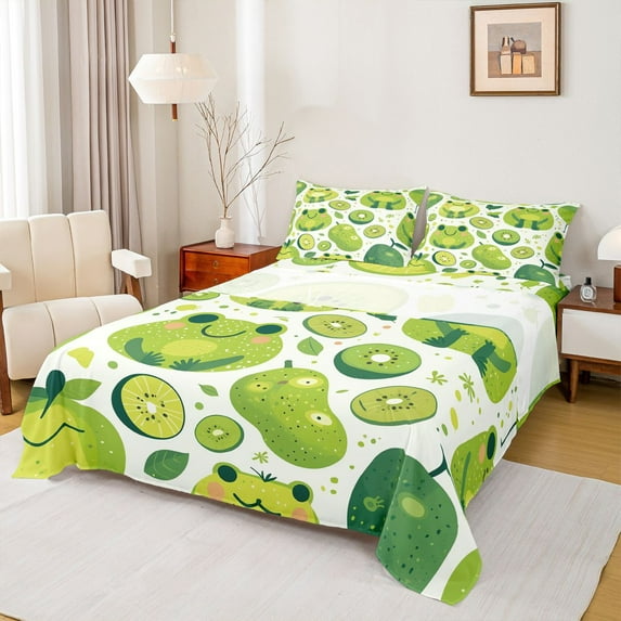 Castle Fairy Kids Children Kawaii Frog Twin Sheet Sets 3pcs,Green Fruit Kiwi Twin Fitted Sheet Microfiber,Cute Animal Breathable Flat Sheet,Breathable Home Decor