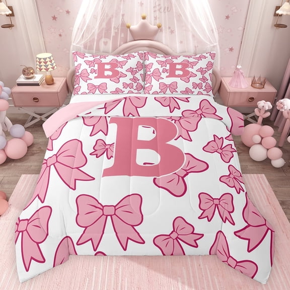 Castle Fairy Kids Children Pink Bow Personalized Initial B Bedding Comforter Set 2pcs,Dreamy Princess Bow-Tie Twin Comforter Sets Microfiber,Cute Bowknot Bow Breathable Bedding Set